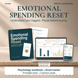 Puede incluir: Un conjunto de descarga digital que incluye un libro de ejercicios de psicología Emotional Spending Reset, un rastreador de Excel en una pantalla de portátil y herramientas imprimibles. La portada es azul verdoso con texto blanco.