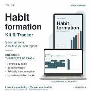 Puede incluir: Un kit digital de formación de hábitos con guía de psicología y libro de Excel. La imagen muestra una tableta con la portada de la guía y una pantalla de portátil con una cuadrícula de seguimiento mensual y gráficos de barras. El texto incluye: Habit formation Kit & Tracker, One guide. Three ways to track.