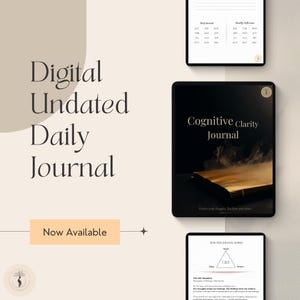 Puede incluir: Diario digital diario sin fecha con el texto "Cognitive Clarity Journal" sobre un fondo negro. La imagen también incluye el texto "Now Available". El diario está diseñado para ayudarte a revisar tus pensamientos y recuperar tu paz.