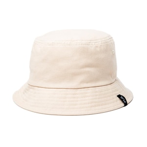 May include: A beige bucket hat with a black "BRLU" label on the side.