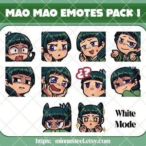 Puede incluir: Un paquete de emotes digitales con un personaje de pelo verde y diversas expresiones faciales. Los emotes incluyen expresiones de sorpresa, confusión y alegría. El texto "MAO MAO EMOTES PACK 1" está en la parte superior y "White Mode" a la derecha.