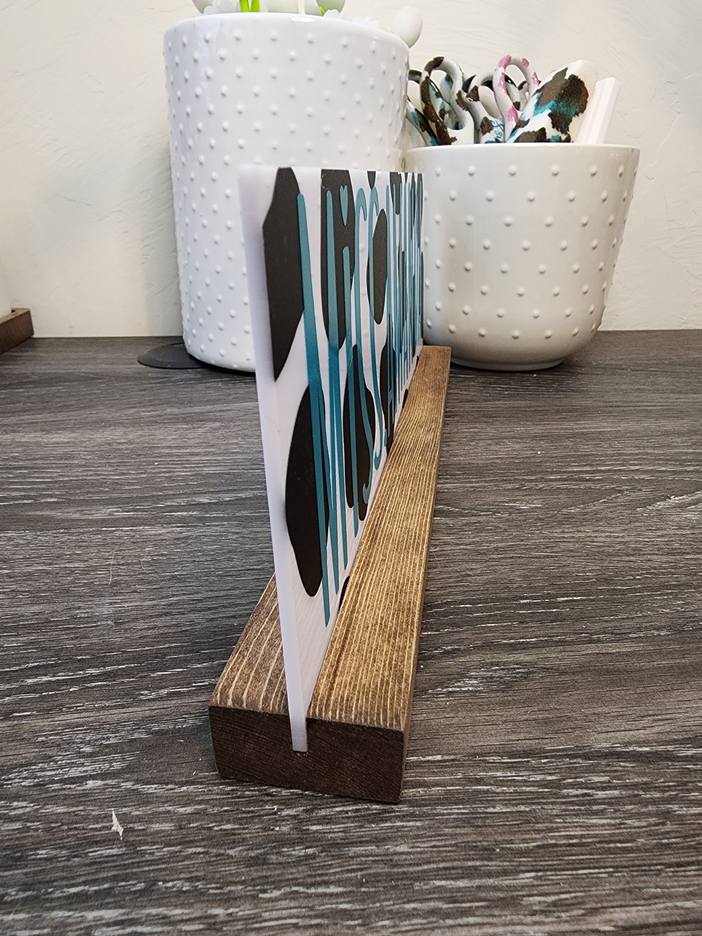 Custom Cow Print Name Plate W/ Wooden Base Teacher Gift Cow Print