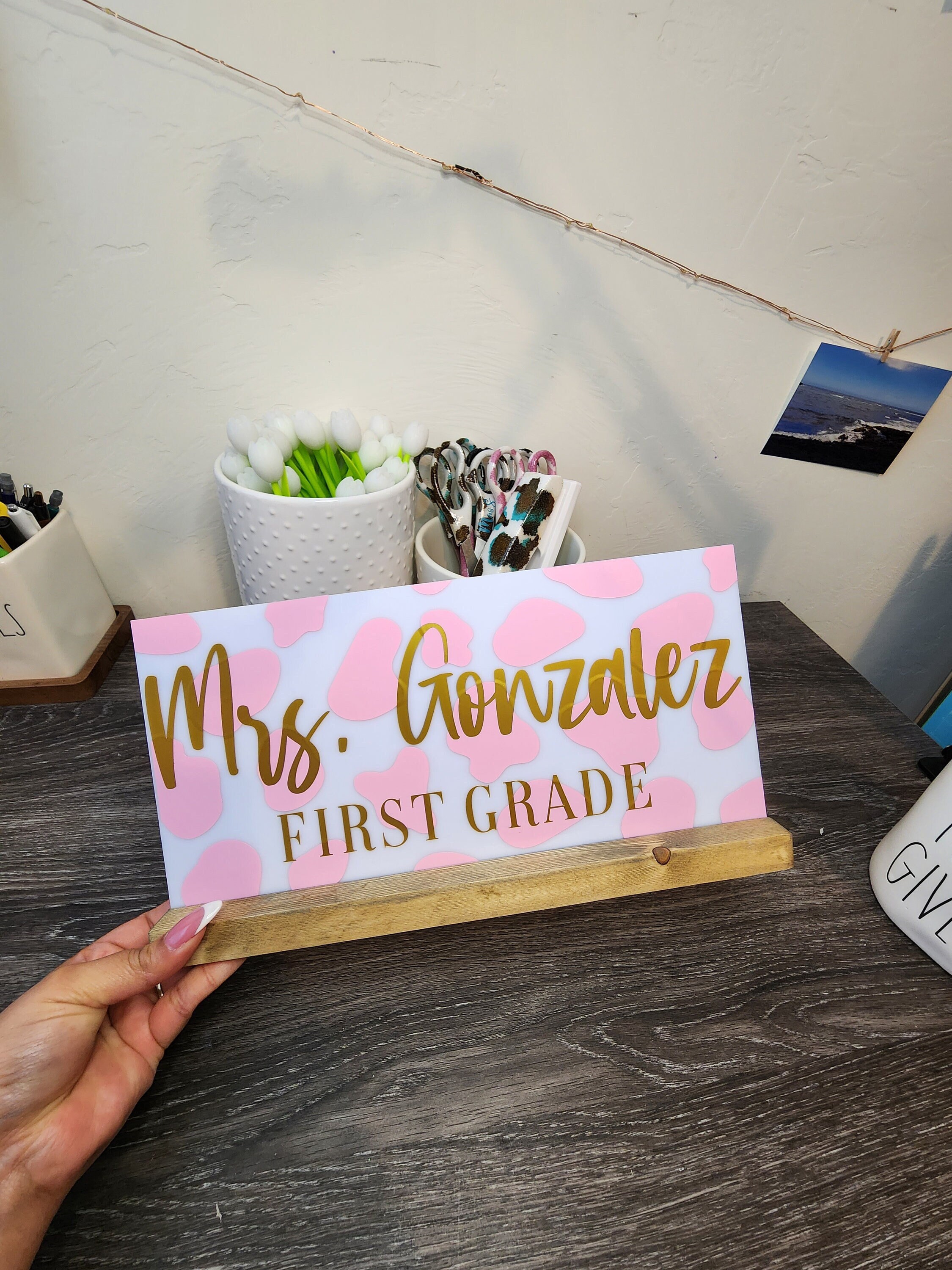 Custom Cow Print Name Plate W/ Wooden Base Teacher Gift Cow Print