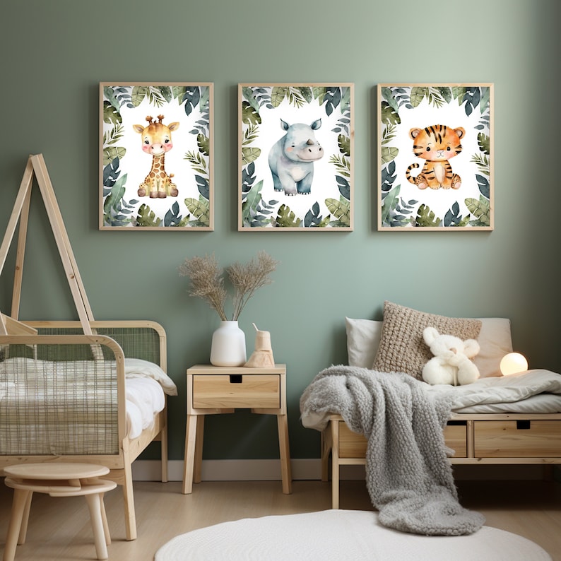 Safari Nursery Wall Art, Jungle Nursery Prints, Set of 3 Prints, Green ...