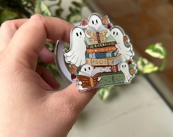 Spooky Reading Ghosts MagSafe Phone Grip – Cute Book Stack Magnetic Phone Holder & Kickstand – Halloween Book Lover Gift