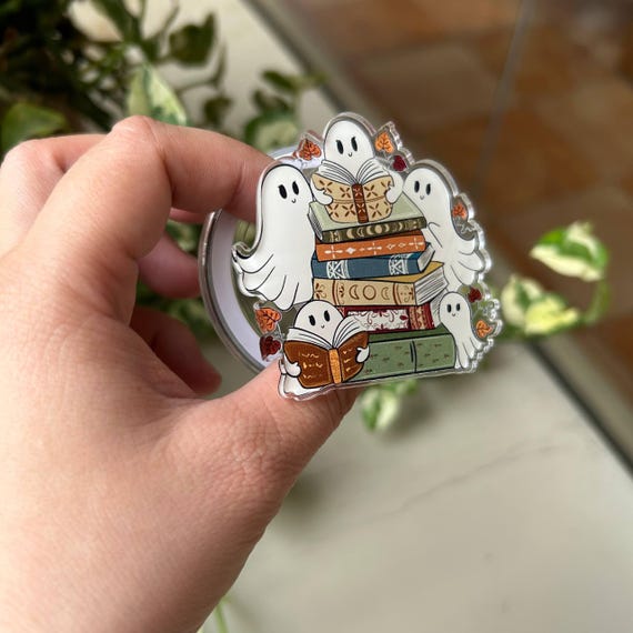 Spooky Reading Ghosts MagSafe Phone Grip – Cute Book Stack Magnetic Phone Holder & Kickstand – Halloween Book Lover Gift