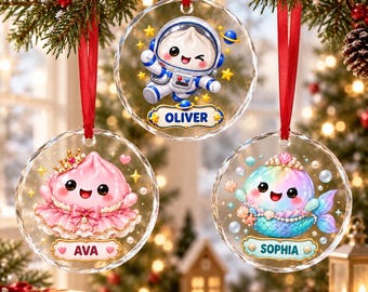 Personalized Kids Dumpling Glass Ornament, Custom Cute Dim Sum Keepsake, Boys & Girls Christmas Decor, Astronaut Mermaid Fairy Foodie Gift