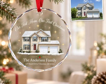 Personalized House Portrait Ornament, Custom Home Keepsake, New Home First Christmas Decor, Custom Family Name & Address Housewarming Gift