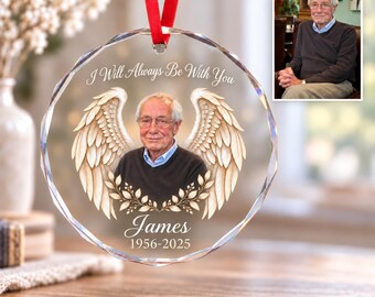 Personalized Memorial Christmas Ornament With Photo, Remembrance Picture Glass Decor, Loss of Father Mother Gift, Angel Wings Keepsake