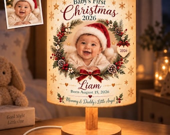 Personalized Nursery Night Light, Baby's First Christmas Custom Photo Lamp, New Mom Gift, 2026 Holiday Keepsake, Wood Base Bedside Lamp