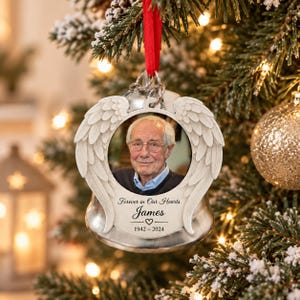 Custom Photo Memorial Bell Ornament | Angel Wings Stainless Steel Bell & Aluminum Charm | In Loving Memory Keepsake Gift