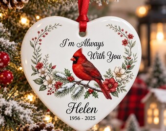 Personalized In Loving Memory Ornament, Custom Name Red Cardinal Heart Ornament, Remembrance Sympathy Keepsake Gift