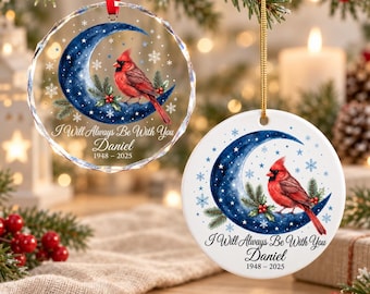 Personalized Cardinal Memorial Ornament, Custom Name Glass Ceramic Keepsake, In Loving Memory Sympathy Gift.