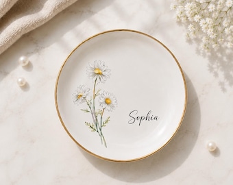 Personalized Birth Month Flower Ring Dish, Custom Name Ceramic Jewelry Dish, Floral Trinket Tray, Birthday Gift