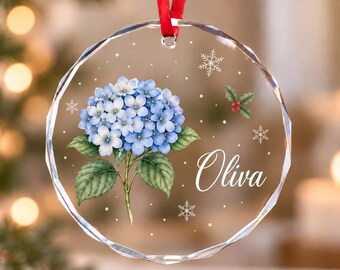 Personalized Birth Month Flower Glass Ornament, Custom Name Clear Crystal Decoration, Floral Holiday Keepsake, Christmas Tree Gift