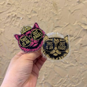 May include: Two acrylic pins shaped like cat heads wearing crowns and round glasses. One pin is pink with black details, and the other is gold with black details. Both feature the text THIS IS AN OUT RAGE! printed on the circular lenses.