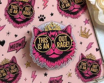 Cat This Is An Out Rage! Pink Cat Phone Grip Stand with Funny Quote – Cute Sassy Aesthetic Accessory