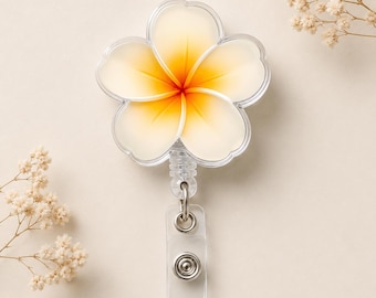 Plumeria Flower Badge Reel - Acrylic Retractable ID Holder - Tropical Floral Badge Clip & Nurse Work Accessory Gift