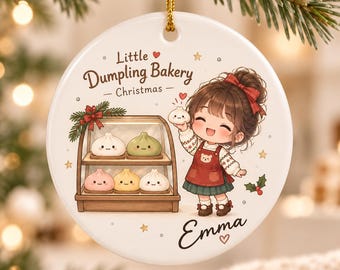 Personalized Kawaii Dumpling Bakery Ceramic Ornament, Custom Name Cute Girl Christmas Keepsake, Kids Tree Decor, Foodie Holiday Gift