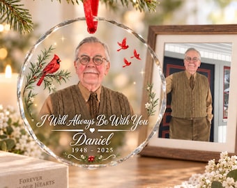 Personalized Memorial Christmas Ornament With Photo, Remembrance Picture Glass Decor, Loss of Father Mother Gift, Angel Wings Keepsake