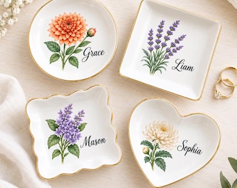 Personalized Birth Month Flower Ring Dish with Gold Trim, Custom Name Ceramic Jewelry Dish, Heart or Wavy Square Trinket Tray