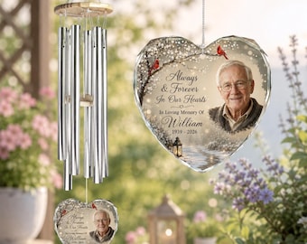 Personalized Memorial Wind Chime, Custom Photo Heart Glass Ornament, Sympathy Gift, Remembrance Gift, Loss of Loved One Gift