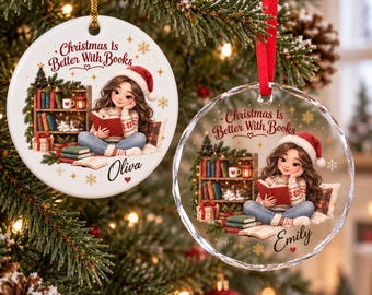 Personalized Book Lover Ornament, Custom Name Reading Girl Glass Ceramic Keepsake, Christmas is Better With Books Decor, Bookworm Gift