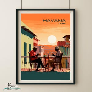 Póster de viaje y arte mural con la serena puesta de sol en La Habana, Cuba