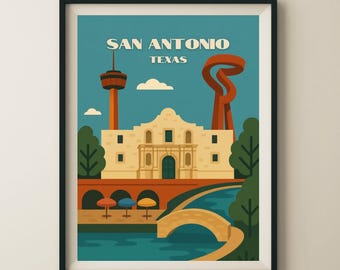 San Antonio Texas Unique Attractions Travel Poster & Wall Art Poster Print