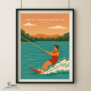 New Braunfels Texas Water Skiing Travel Poster & Wall Art Poster Print