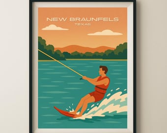New Braunfels Texas Water Skiing Travel Poster & Wall Art Poster Print