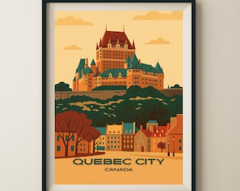 May include: Framed art print featuring a stylized illustration of Quebec City, Canada. The artwork depicts the iconic Chateau Frontenac, with a warm color palette of orange, brown, and green. The text "QUEBEC CITY CANADA" is at the bottom.