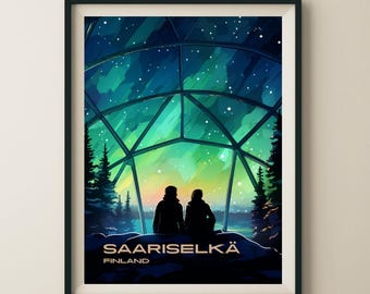 May include: A couple sits inside a glass dome, gazing out at the green and blue aurora borealis in the night sky. The text "SAARISELKÄ FINLAND" is at the bottom of the image.