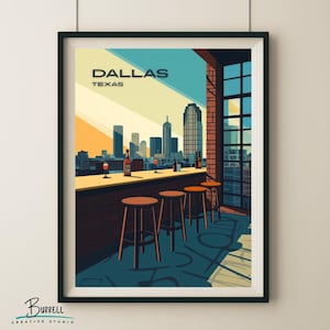 Dallas Texas Rooftop Bar Travel Poster & Wall Art Poster Print