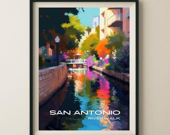 May include: A colorful painting of the San Antonio Riverwalk, a popular tourist destination in Texas. The painting features a narrow canal with a bridge, lush greenery, and colorful buildings reflected in the water. The text "SAN ANTONIO RIVERWALK" is printed at the bottom of the painting.
