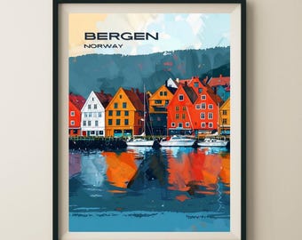 May include: A colourful watercolour painting of a waterfront scene in Bergen, Norway. The painting features a row of colourful houses along the waterfront with boats docked in front of them. The water is a deep blue with reflections of the houses and boats.