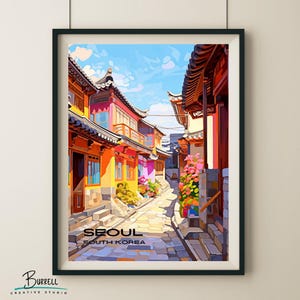Póster de viaje y arte mural de la aldea hanok de Bukchon, Seúl, Corea del Sur