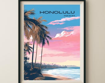 Honolulu Hawaii Beach View Travel Poster & Wall Art Poster Print