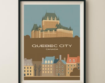 May include: Framed art print featuring a stylized illustration of Quebec City, Canada. The artwork depicts the iconic Chateau Frontenac, buildings, and the text "QUEBEC CITY CANADA". The color palette includes shades of brown, blue, and beige.
