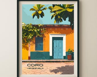 May include: A colourful illustration of a building with a blue door and a green window. The building is surrounded by lush green foliage and has a yellow facade. The text "CORO VENEZUELA" is printed at the bottom of the image.