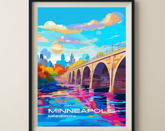 Minneapolis Minnesota Stone Arch Bridge Travel Poster & Wall Art Poster Print