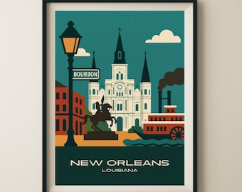 May include: A framed art print featuring a stylized illustration of New Orleans. The artwork showcases the St. Louis Cathedral, a steamboat, and a street sign that reads "Bourbon." The print is in a black frame and includes the text "New Orleans Louisiana."