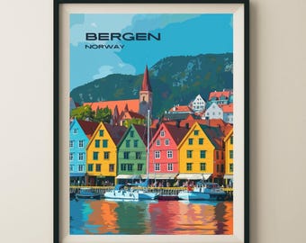 May include: A colourful illustration of the waterfront in Bergen, Norway. The image features a row of brightly coloured houses with a church steeple in the background. The houses are reflected in the water, which is a deep blue colour. The sky is a light blue colour with white clouds. The text "BERGEN NORWAY" is at the top of the image.