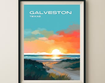 Galveston Texas Beach Sunset Travel Poster & Wall Art Poster Print