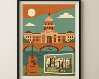 Iconische reisposter Austin, Texas, reisposter en muurkunst