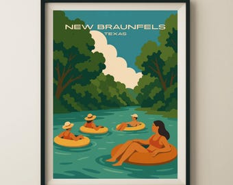 New Braunfels Texas River Tubing Travel Poster & Wall Art Poster Print
