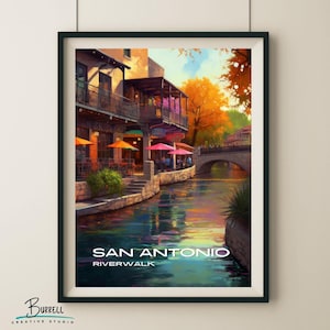 San Antonio Texas Riverwalk Dining Travel Poster & Wall Art Poster Print