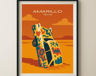 Amarillo Texas Cadillac Roadside Attraction Travel Poster & Wall Art Poster Print