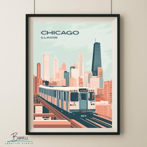 Chicago Illinois Train Skyline Travel Poster & Wall Art Poster Print