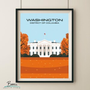 Cartaz de viagem e arte de parede da Casa Branca do Distrito de Columbia em Washington, vista de outono
